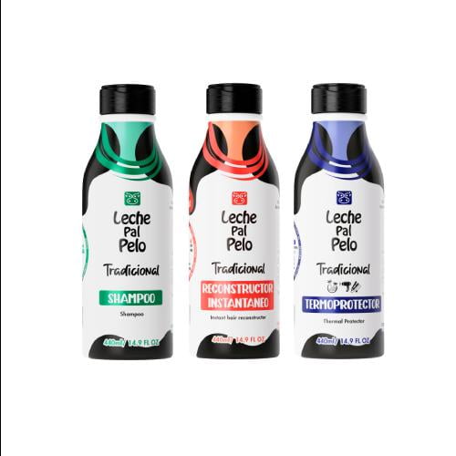 Leche Pal Pelo Tradicional Shampoo, Thermal Protector and Instant Hair Reconstructor . Set of 3 x 14.9 oz.