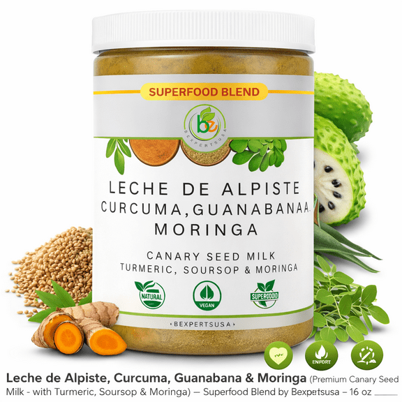 Leche de Alpiste, Curcuma, Guanabana & Moringa (Premium Canary Seed Milk  with Turmeric, Soursop & Moringa)  Superfood Blend by Bexpertsusa 16 oz  Vegan, Dairy-Free, Non-GMO, 100% Natural