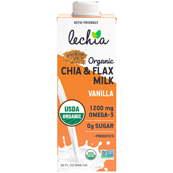 Lechia Organic Chia & Flax Milk Vanilla, 1200mg Omega-3 + Prebiotics, Plant-Based, Keto, 32oz (6 Pack)