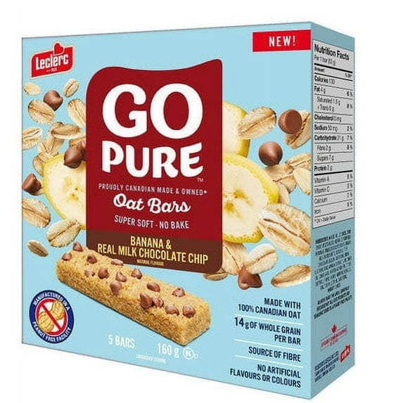 Leclerc, Go Pure Banana & Real Milk Chocolate Chip Oat Bars, 5ct, 160g/5.6 oz