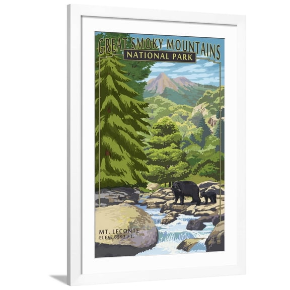 Art.com Leconte Creek and Mt. Leconte - Great Smoky Mountains National Park, TN Art Print by Lantern Press, White Frame Wall Art, 32" x 44"