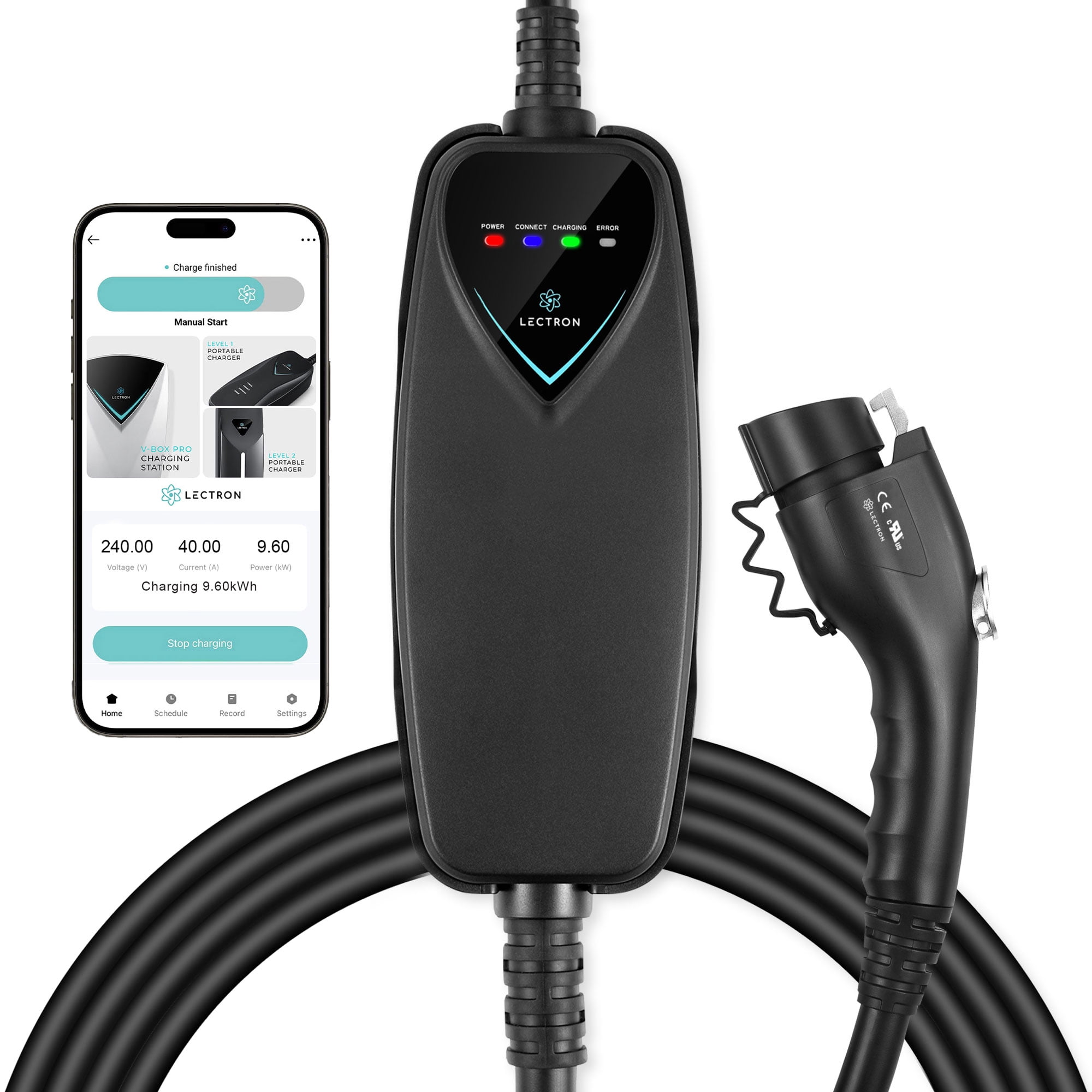 Lectron Level 2 J1772 Charger (WiFi Version) - 240V, 40 Amp, NEMA 14-50 Plug, 16 ft Extension Cord - Portable Electric Car Charger for J1772 Evs
