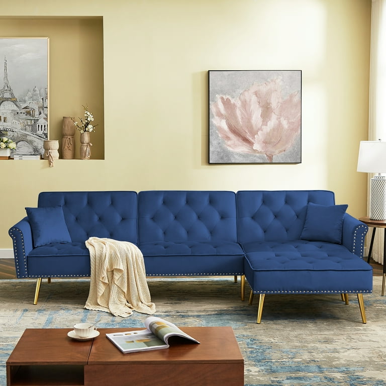 Lecut 110 Velvet L Shaped Modern Reversible Sectional Couch with Removable Ottoman Nailhead Trim 3 Seater Sofa with Metal Gold Legs Blue