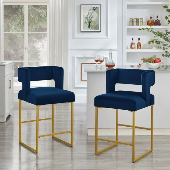 Lecut 26" H Counter Height Bar Stools Set of 2, Modern Velvet Bar Stools with Square Open Backrest and Gold Metal Frame, Kitchen Counter Stools for Island, Home Bar, Pub,Blue+Gold