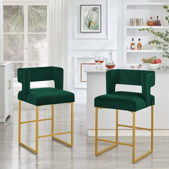 Lecut 26" H Counter Height Bar Stools Set of 2, Modern Velvet Bar Stools with Square Open Backrest and Gold Metal Frame, Kitchen Counter Stools for Island, Home Bar, Pub,Green+Gold