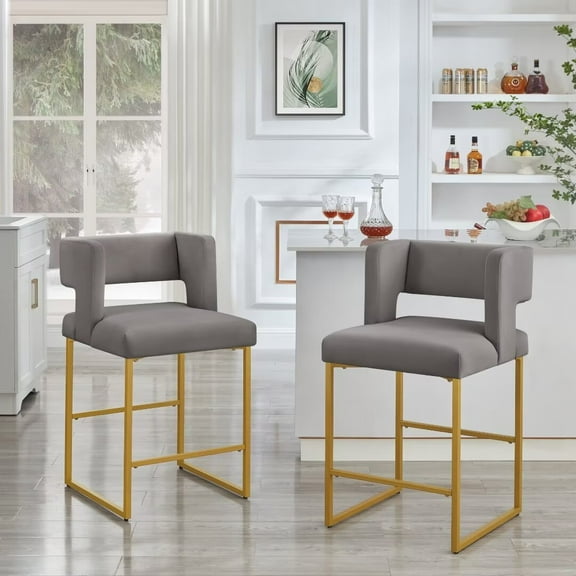 Lecut 26" H Counter Height Bar Stools Set of 2, Modern Velvet Bar Stools with Square Open Backrest and Gold Metal Frame, Kitchen Counter Stools for Island, Home Bar, Pub,Grey+Gold