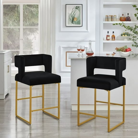 Lecut 26" H Counter Height Bar Stools Set of 2, Modern Velvet Bar Stools with Square Open Backrest and Gold Metal Frame, Kitchen Counter Stools for Island, Home Bar, Pub,Black+Gold