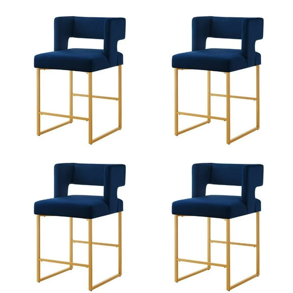 Lecut 26" H Counter Height Bar Stools Set of 4, Modern Velvet Bar Stools with Square Open Backrest and Gold Metal Frame, Kitchen Counter Stools for Island, Home Bar, Pub,Blue Gold