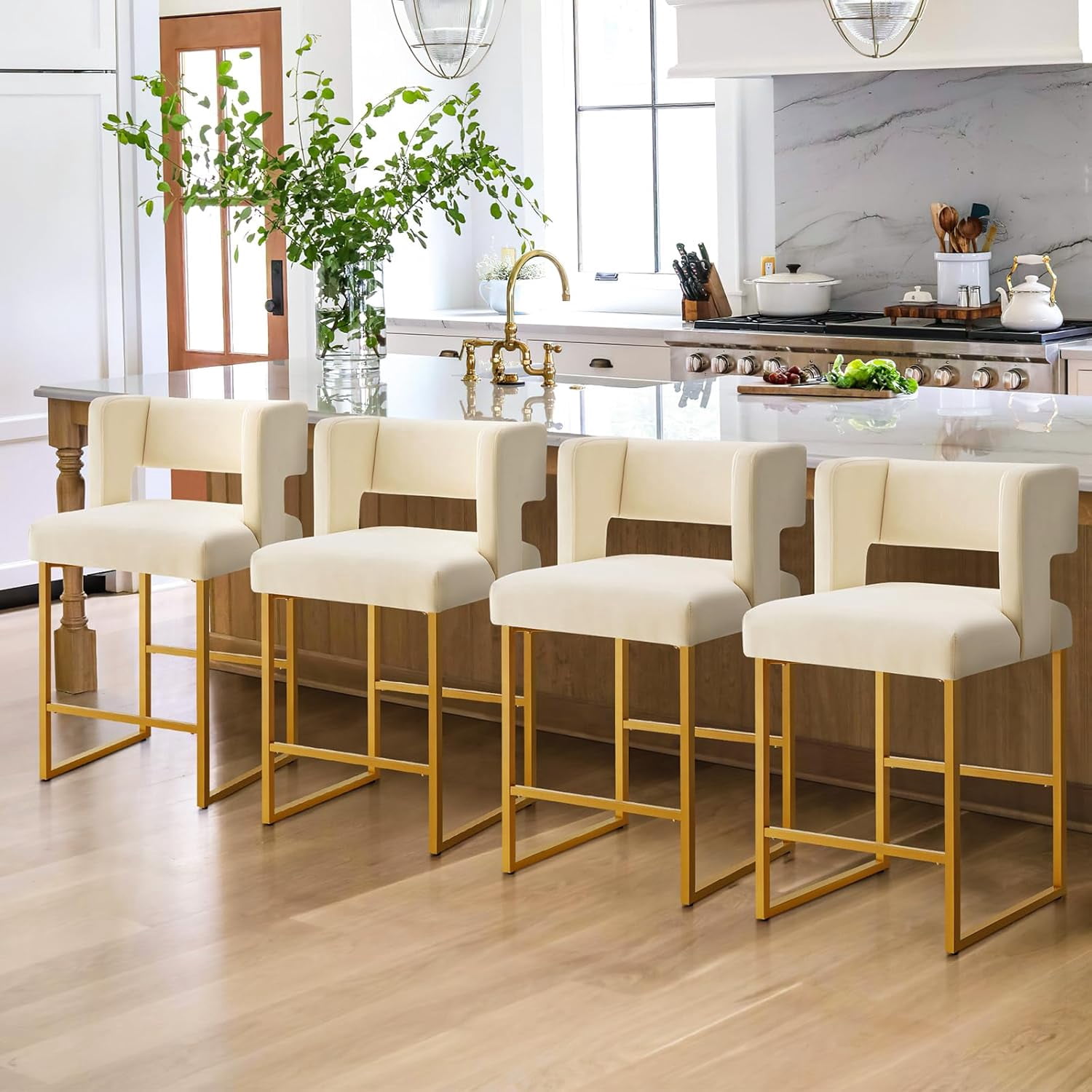 Lecut 26" H Counter Height Bar Stools Set of 4, Modern Velvet Bar Stools with Square Open Backrest and Gold Metal Frame, Kitchen Counter Stools for Island, Home Bar, Pub,Beige+Gold