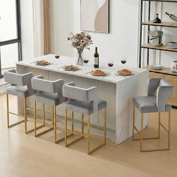 Lecut 26" H Counter Height Bar Stools Set of 4, Modern Velvet Bar Stools with Square Open Backrest and Gold Metal Frame, Kitchen Counter Stools for Island, Home Bar, Pub,Grey+Gold