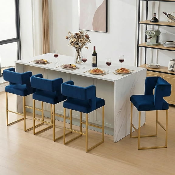 Lecut 26" H Counter Height Bar Stools Set of 4, Modern Velvet Bar Stools with Square Open Backrest and Gold Metal Frame, Kitchen Counter Stools for Island, Home Bar, Pub,Blue+Gold