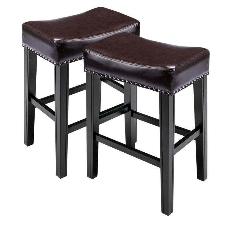 Lecut 26 Inch Wood Saddle Seat Barstool Set of 2 PU Leather Kitchen Counter Stools Nailhead Wood Pub Height Saddle Stool Brown