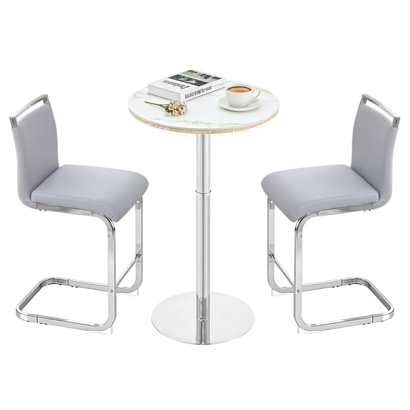 Lecut 3 Piece Bar Table and Chairs Set, 23.6" Marble Round Bar Table & 25" H PU Upholstered Bar Stools Set of 2, Modern Bar Table Set for Small Space, Apartment
