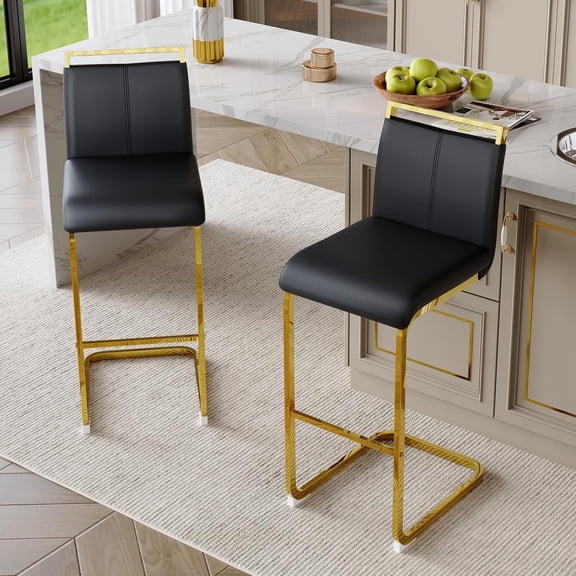 Lecut 30" Counter Height Bar Stools Set of 2, Modern Upholstered PU Leather Bar Stools with Back and Gold Chrome Plated Metal Frame, Armless Bar Chairs for Kitchen Island (Black+Gold)