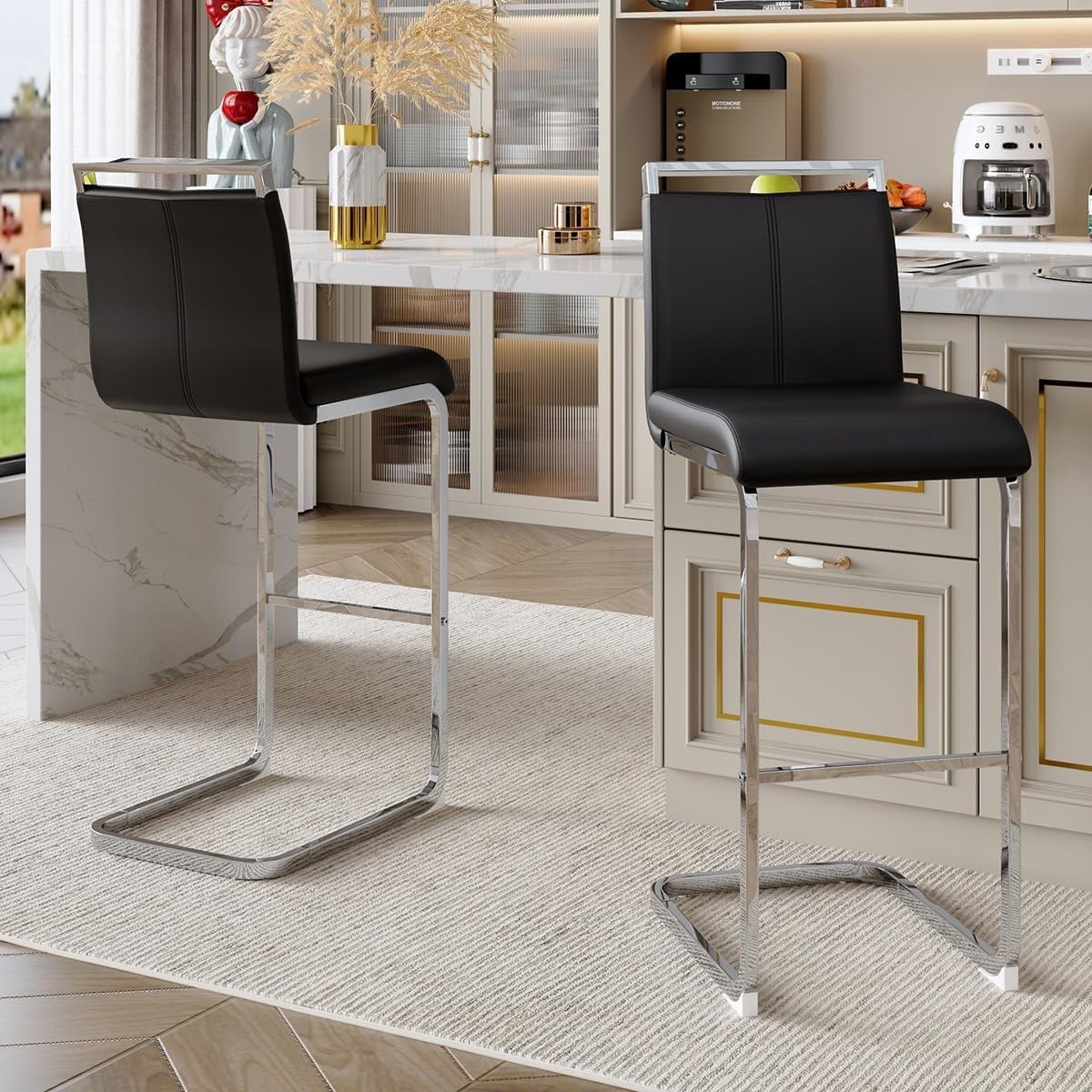 Lecut 30" Counter Height Bar Stools Set of 2, Modern Upholstered PU Leather Bar Stools with Back and Silver Chrome Plated Metal Frame, Armless Bar Chairs for Kitchen Island (Black+Silver)