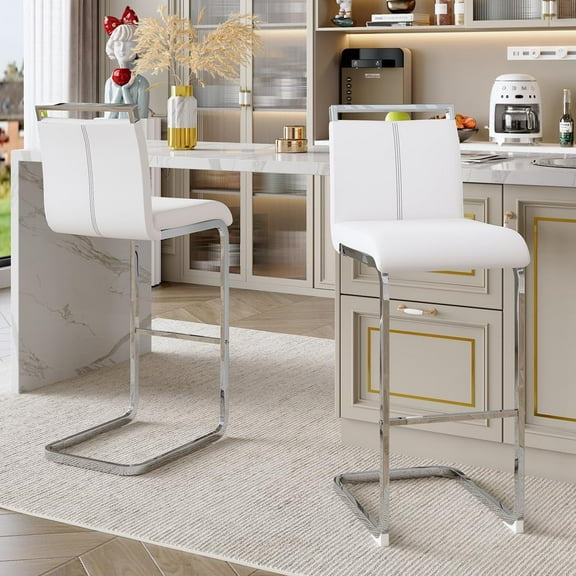 Lecut 30'' Counter Height Bar Stools Set of 2, Modern Upholstered PU Leather Bar Stools with Back and Silver Chrome Plated Metal Frame, 30 inch Armless Bar Chairs for Kitchen Island(White Silver)