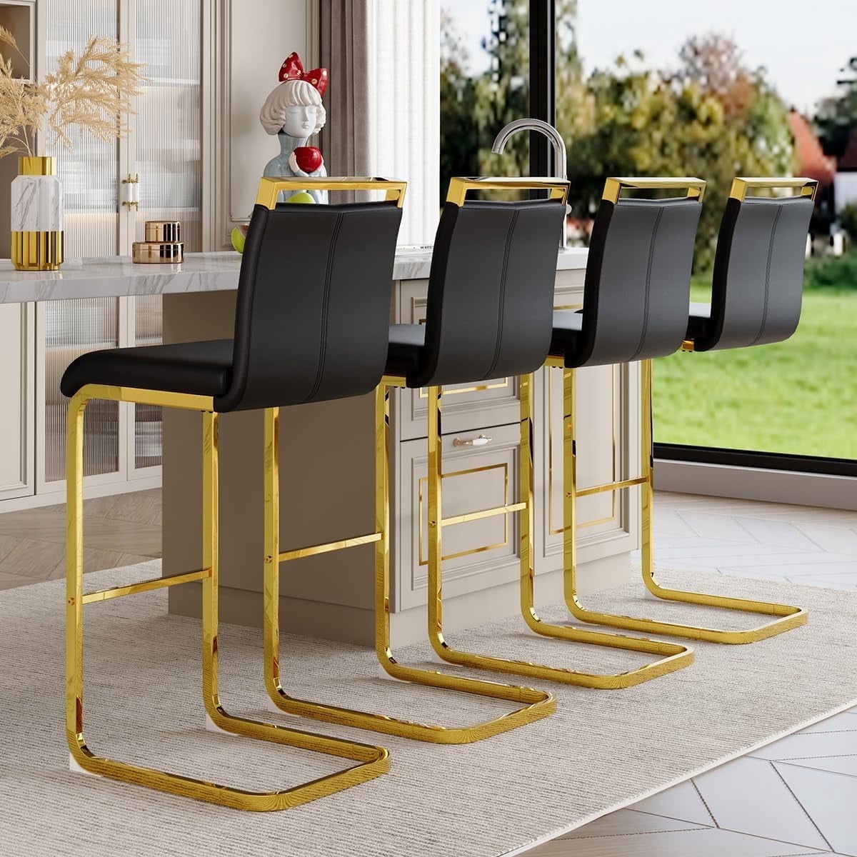 Lecut 30" Counter Height Bar Stools Set of 4, Modern Upholstered PU Leather Bar Stools with Back and Gold Chrome Plated Metal Frame, Armless Bar Chairs for Kitchen Island (Black+Gold)
