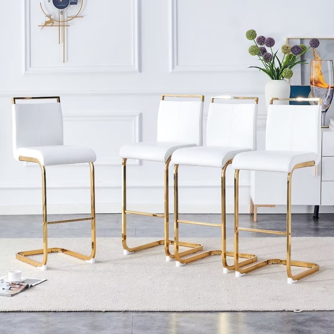 Lecut 30" Counter Height Bar Stools Set of 4, Modern Upholstered PU Leather Bar Stools with Back and Gold Chrome Plated Metal Frame, Armless Bar Chairs for Kitchen Island (White+Gold)