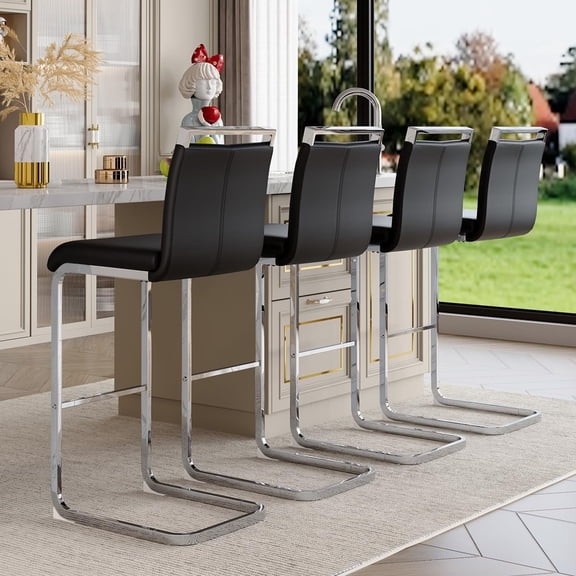 Lecut 30" Counter Height Bar Stools Set of 4, Modern Upholstered PU Leather Bar Stools with Back and Silver Chrome Plated Metal Frame, Armless Bar Chairs for Kitchen Island (Black+Silver)