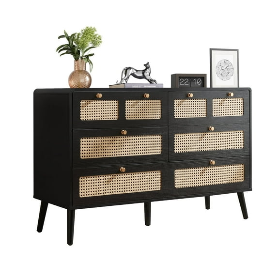 Lecut 6 Drawer Wide Natural Rattan Dresser for Bedroom Large Capacity Chest of Drawers for Closet Wood Storage Clothes Organizer with Legs Modern Nursery Dresser for Living Room Hallway Office Black