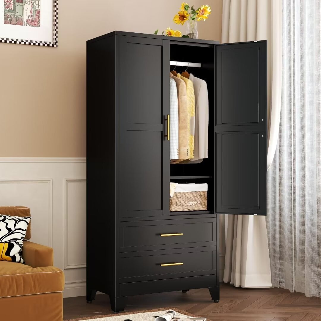 Lecut Adjustable Feet Unisex Drawers Door Clothing Storage Adult Armoires Metal Black