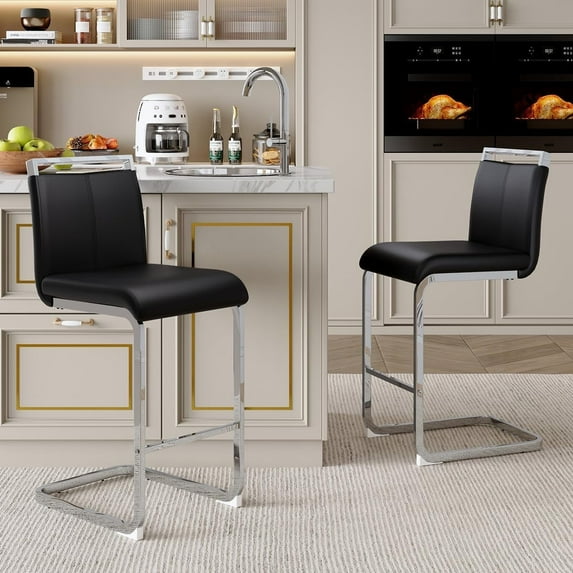 Lecut Bar Stools Set of 2,Counter Height Bar Stools with Back and Footrest,Modern Leather Counter Stools,Armless Dining Chairs for kitchen island,Pub,Bar,Black