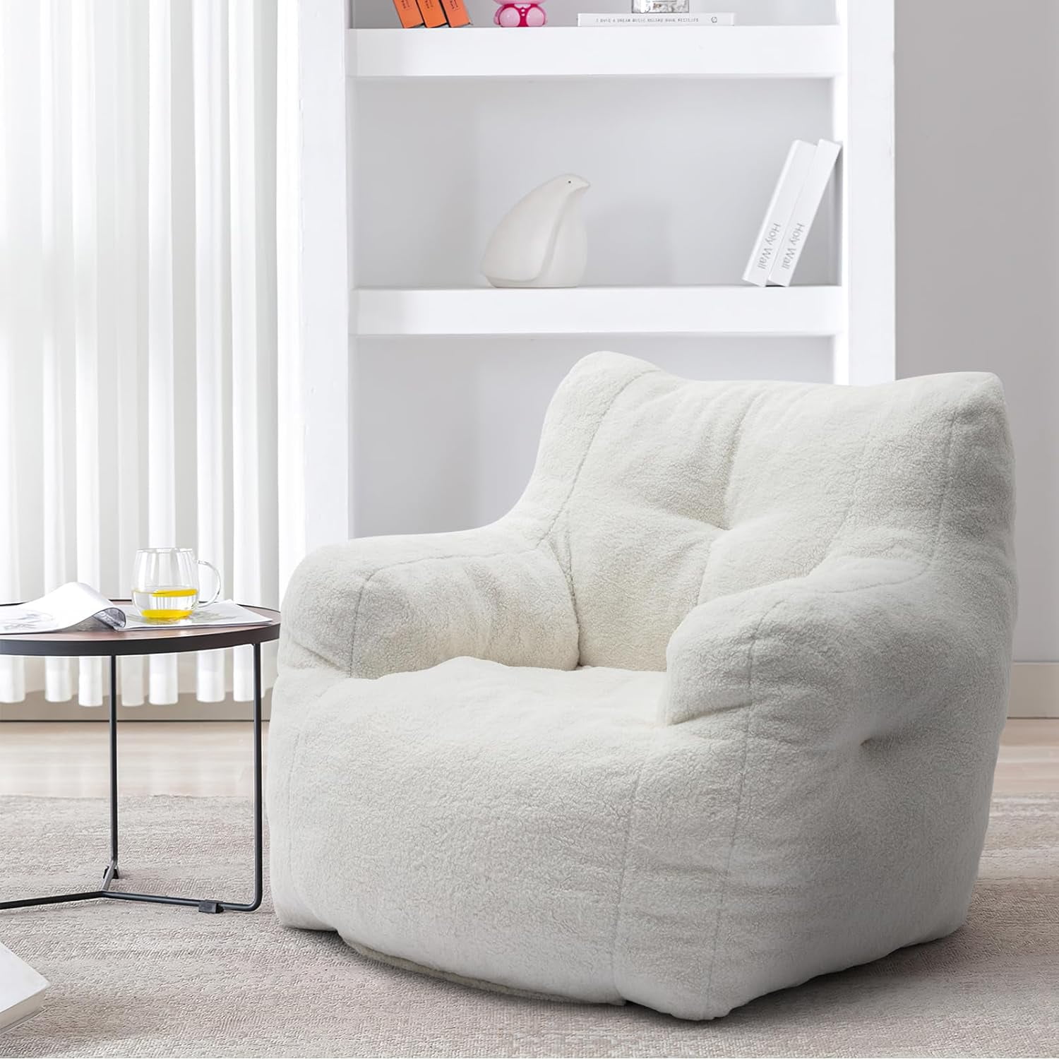 Lecut Bean Bag Chair Large Bean Bag Chair for Adults with Armrest Comfy Bean Bag Sofa with Foam Filling Fluffy Lazy Chair Soft Teddy Fabric Tufted Bean Bag for Dorm Bedroom Gaming White
