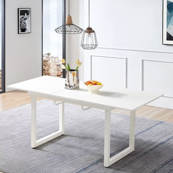 Lecut Extendable Dining Table for 4-8 Person, Extendable from 55" to 71", Modern Rectangle Dining Table with MDF Tabletop and Metal Frame, Expanding Kitchen Table for Home, Office,White