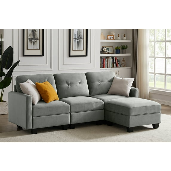 Lecut L Shaped Sofa Couch Velvet Modular Sectional Couch with Storage Seat Comfortable Reversible Sectional Sofa with Ottoman Gray