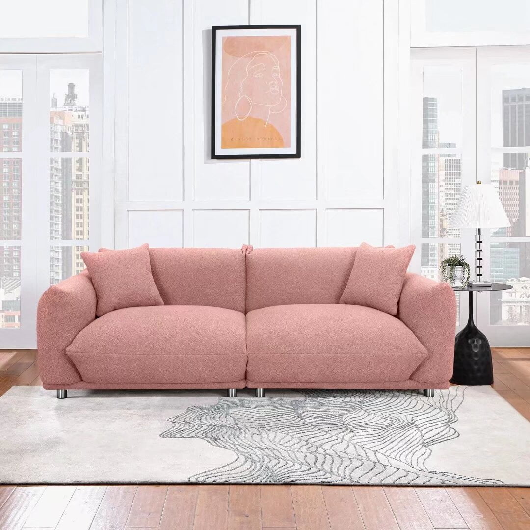 Lecut Lambswool 3 Seat Cushion Couch 87 Comfy Couch for Living Room Bedroom Mid Century Modern couches with 2 Pillows Metal Legs Pink