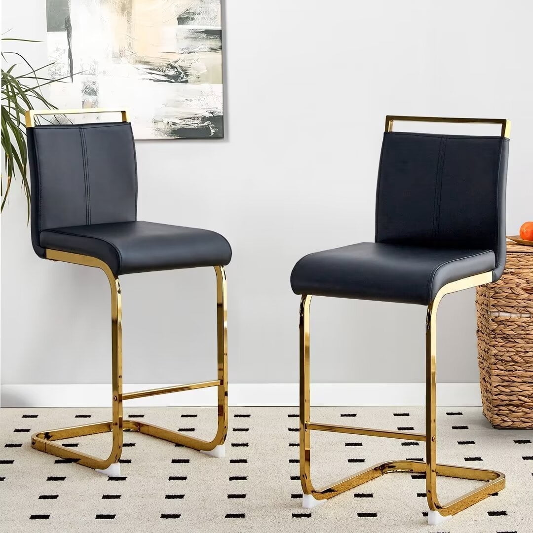 Lecut Modern Counter Height Bar Stools Set of 2, Leather Upholstered Bar Stools with Back and Gold Metal Frame,Bar Stools for Kitchen Island,Pub,Bar,Black