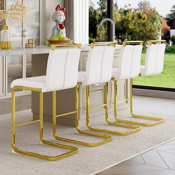 Lecut Modern Counter Height Bar Stools Set of 4, Leather Upholstered Bar Stools with Back and Gold Metal Frame,Bar Stools for Kitchen Island,Pub,Bar,(White+Gold)