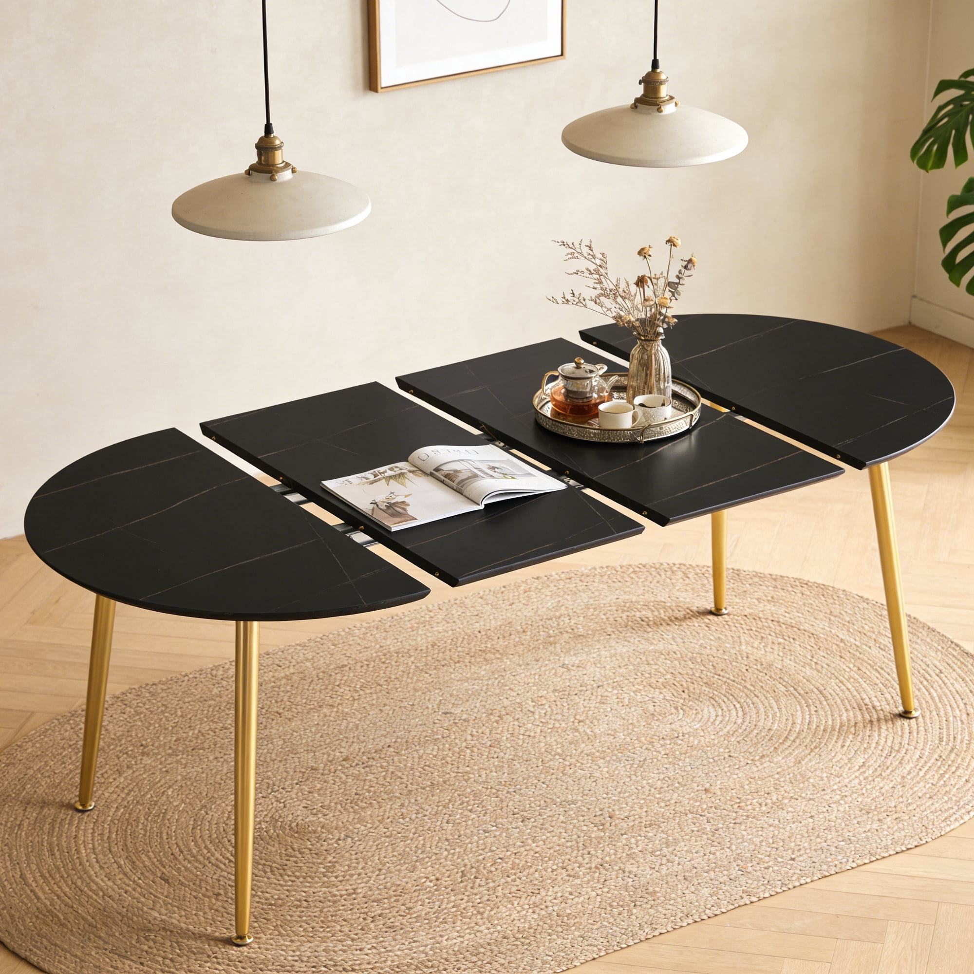 Lecut Oval Extendable Dining Room Table for 4-8 People, Extendable from 39.4" to 70.8", Modern Wooden Dining Table with MDF Tabletop and Metal Frame, Oval Kitchen Table for Home, Office