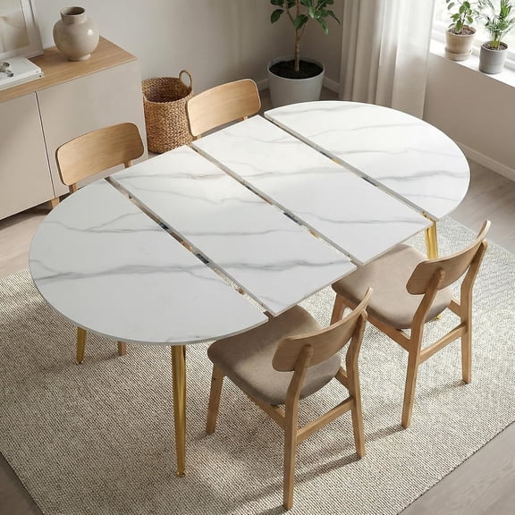 Lecut Oval Extendable Dining Room Table for 4-8 People, Extendable from 39.4" to 70.8", Modern Wooden Dining Table with MDF Tabletop and Metal Frame, Oval Kitchen Table for Home, Office, White Marble