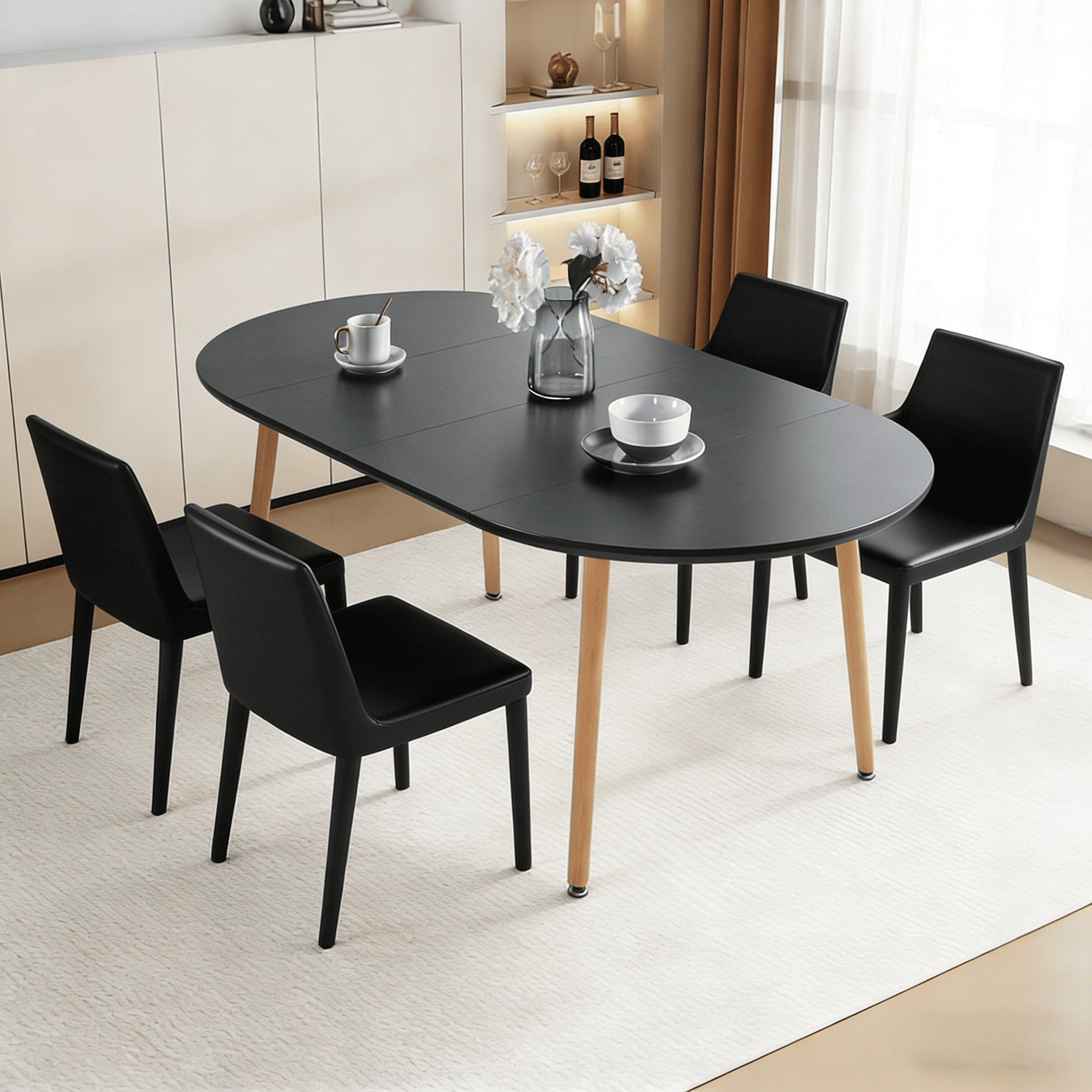 Extendable Round Dining Table, 39"-70.8" Black Farmhouse Kitchen Table with Leaf, Oval Dining Table for 4-8 People, Sturdy Mid-Century Modern Home Table