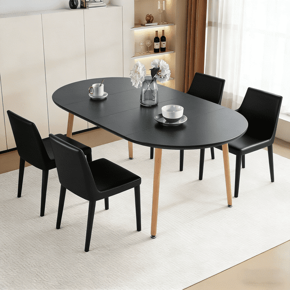 Extendable Round Dining Table, 39"-70.8" Black Farmhouse Kitchen Table with Leaf, Oval Dining Table for 4-8 People, Sturdy Mid-Century Modern Home Table