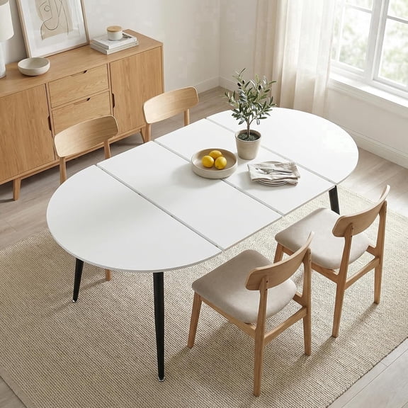 Lecut Oval Extendable Dining Table for 4-8 People 43"-74", Modern Wooden Expandable Table with MDF Tabletop & Metal Frame, Round Kitchen Table for Home Office, White-Black