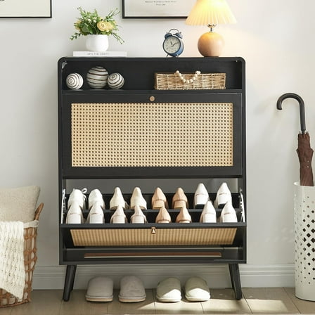Lecut Rattan Shoe Cabinet with 2 Flip Drawers, 16 Pairs Shoe Storage Cabinet for Entryway Freestanding Hidden Shoe Rack with Drawer Slim Shoe Organizer for Hallway, Living Room, Black
