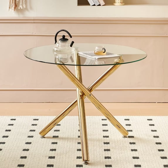 Lecut Round Glass Dining Table for 2 to 4 Person, 31.5" Modern Dining Room Table with Tempered Glass Top & Golden Metal Legs,Small Kitchen Table for Apartment,Home, Office
