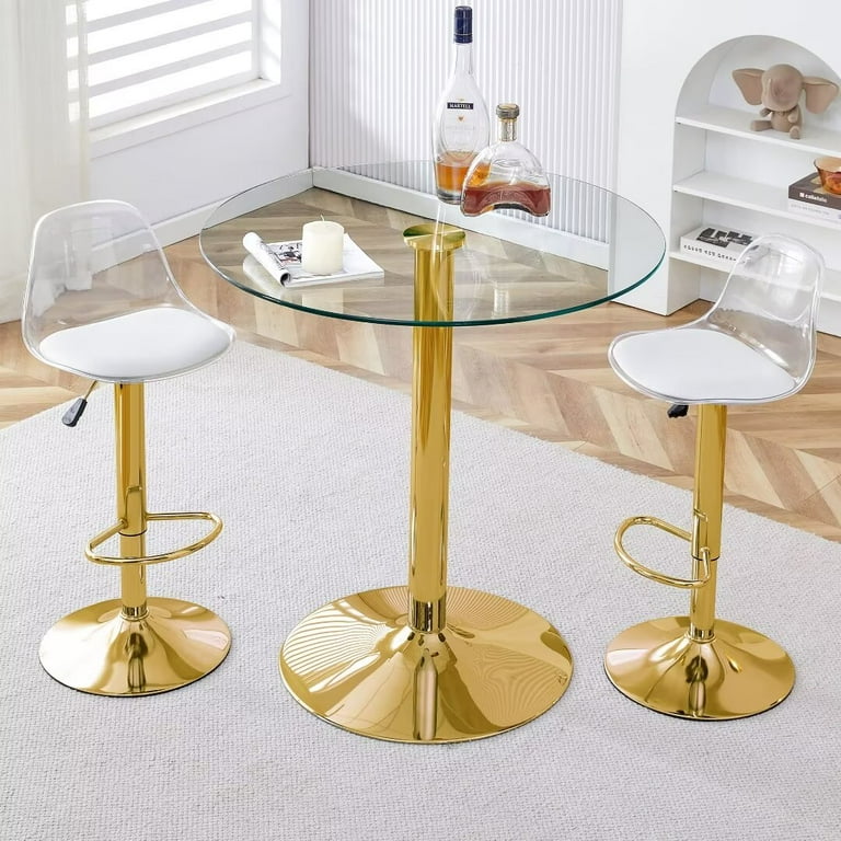 Lecut Round Glass Dining Table Set for 2 Small Bar Table and Chairs Circle Kitchen Table with 2 Gold Armless Adjustable Swivel Barstools Modern Coffee Table Set for Small Spaces Home Kitchen