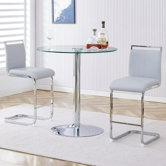 Lecut 3 Pieces Bar Table Set, Bistro Kitchen Table Sets with 2 PU Leather Bar Stools, Round Glass Pub Bar Table Set for Breakfast Small Space Restaurant
