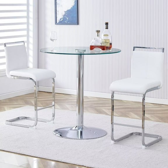 Lecut Round Glass Dining Table Set for 2, Small Circle Kitchen Table with Metal Base and White Upholstered Seat High Back PU Leather Chairs, Modern Dining Table and Chairs for Small Spaces