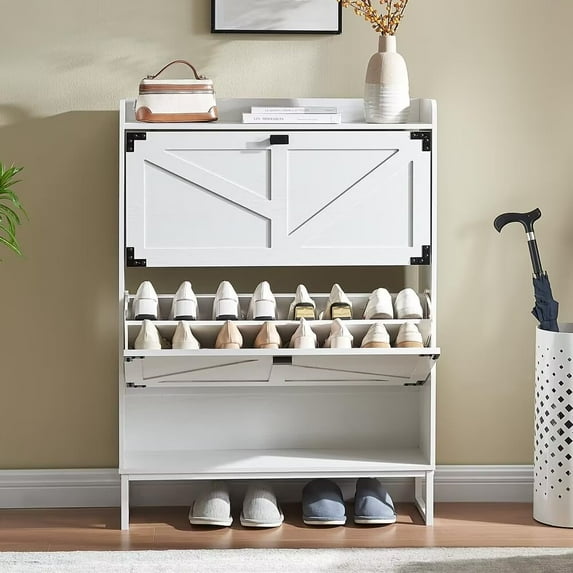 Lecut Shoe Cabinet with 2 Flip Drawers, 20 Pairs Shoe Storage Cabinet for Entryway Freestanding Hidden Shoe Rack with Drawers Slim Shoe Organizer for Hallway, Living Room, White