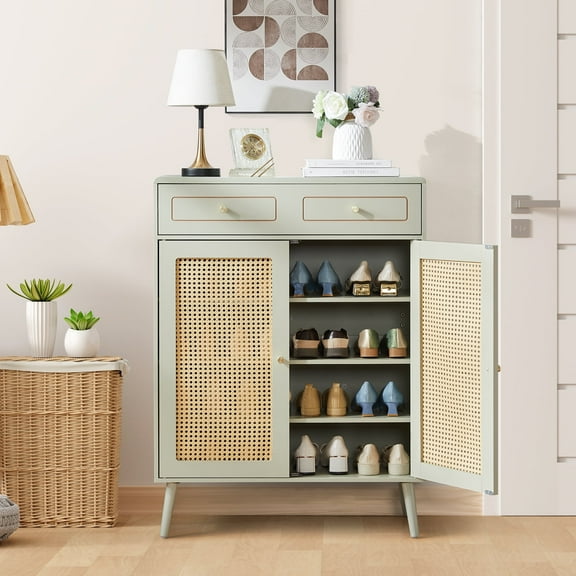 Lecut Shoe Cabinet with Door, 4-Tier Shoe Storage Cabinet with Drawer and Adjustable Shelves, Modern Wood Shoe Organizer for Entryway, Hallway, Bedroom, Closet, Libing Room