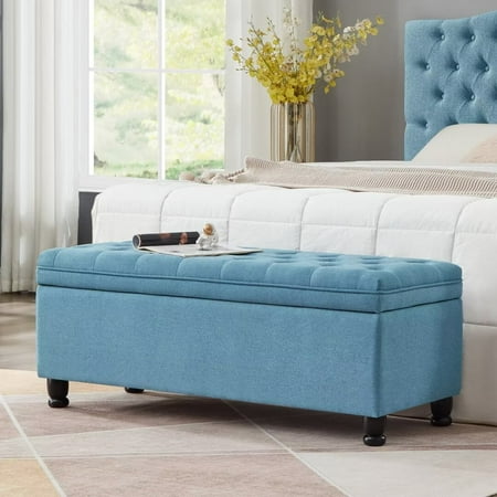 Lecut Storage Bench Linen Fabric Upholstered Storage Ottoman Bench for Living Room Bedroom Entryway 45" Tufted Button Bench for End of Bed Mid Century Modern Bench Blue
