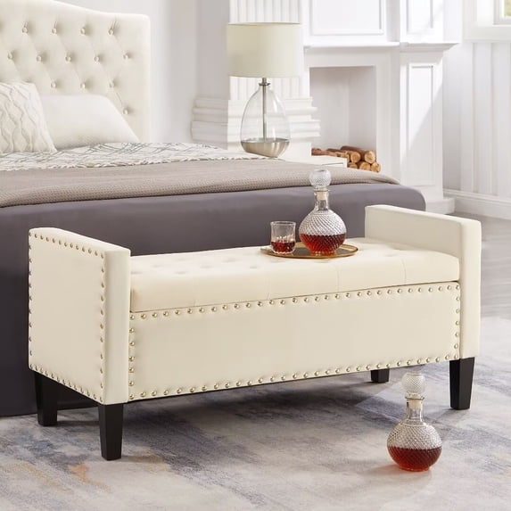 Lecut Storage Bench Velvet Fabric Upholstered Storage Ottoman Bench for Living Room Bedroom Entryway 48" Tufted Button Bench for End of Bed with Nailhead Bench with Arms Beige