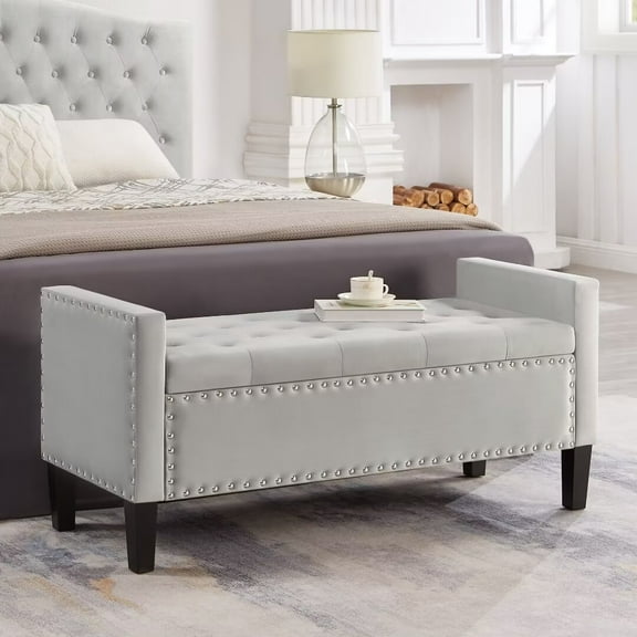 Lecut Storage Bench Velvet Fabric Upholstered Storage Ottoman Bench for Living Room Bedroom Entryway 48" Tufted Button Bench for End of Bed with Nailhead Bench with Arms Gray