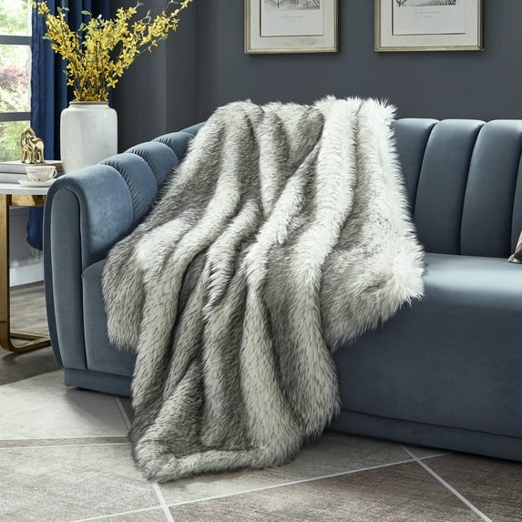 Lecuyer Faux Wolf Fur Throw - Reverse Micromink, Extra Soft 50" x 60", Dark Grey