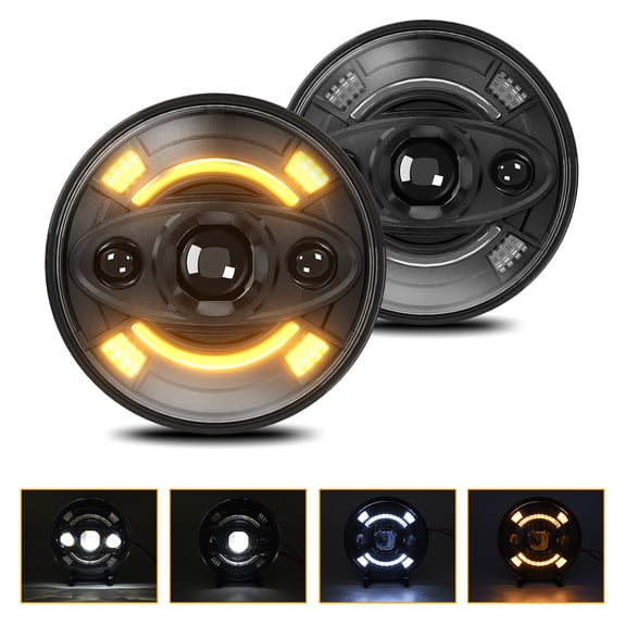 Led 7 Inch Car LED Headlights, Round Lights With White High Low Beam DRL And Amber Turn Signal Replacement For JK TJ LJ Chevy Miata H1 H2 Etc, 2