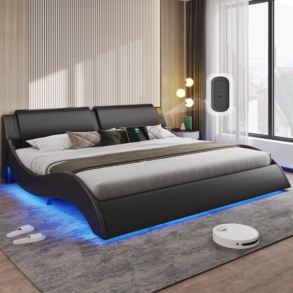 Led Bed Frame California King Size Platform Bed Frame with LED Lights&USB Ports&Headboard,Low Profile Wave-like Curve King Bed, No Box Spring Needed, Black